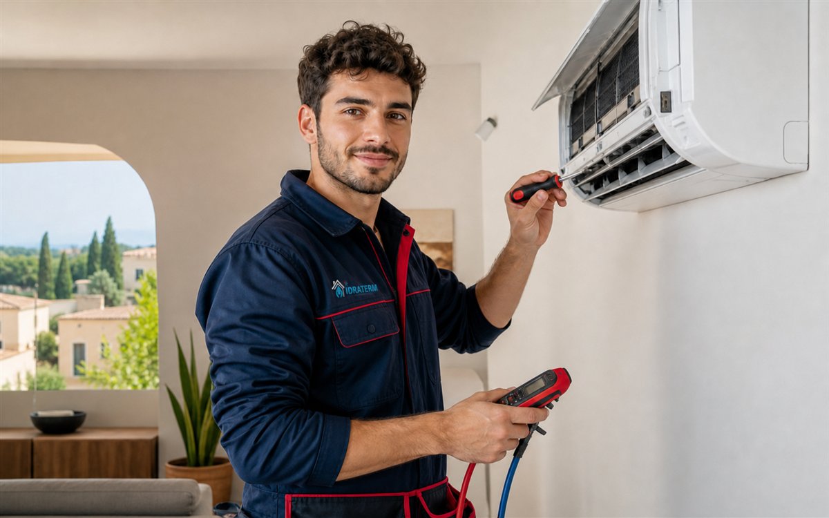 Tecnico climatizzazione con divisa e logo Idraterm